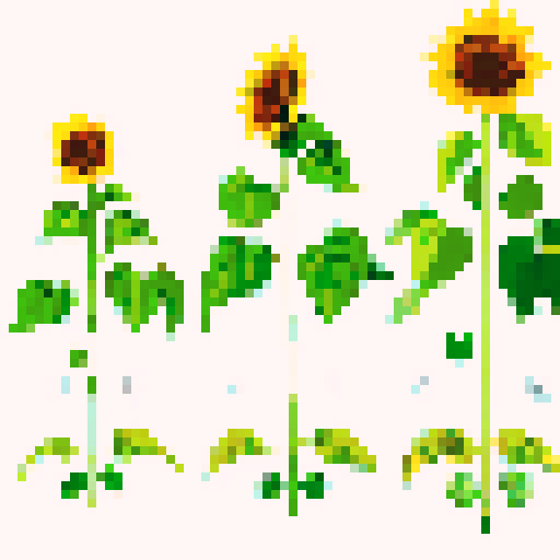 sunflower, vibrant yellow petals, simple pixel art, sRGB color palette, delicate green leaves, transparent background 4 stages of growth