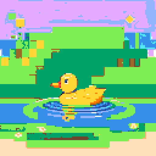 yellow duck in a pond, surrounded by lush greenery and reflecting sunlight in a serene pond with shimmering ripples and pixelated waves, creating a tranquil atmosphere in a picturesque landscape with vibrant colors using intricate pixel art in the sRGB palette