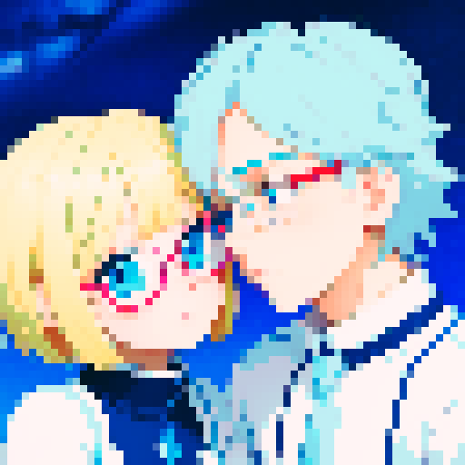 A boy with blonde hair and light blue eyes, and a girl with blonde hair and light blue eyes with glasses.
Both of them are floating together in space. Both of them are blushing.