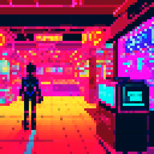 Side-scrolling, cyberpunk, interior, neon-lit, bustling market, with futuristic vendors, towering holographic billboards, hovering drones, and pixelated characters