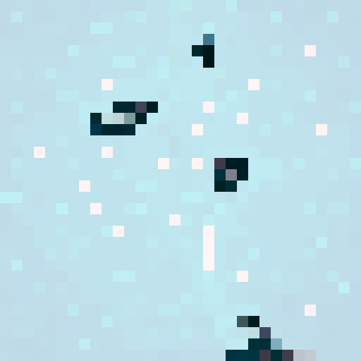 Perspective from high above looking down at the ground. Person walking to snow rover on snowy landscape