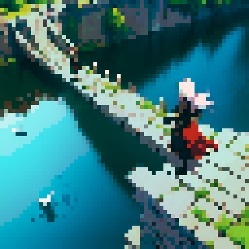 Tactical rpg fight on a stone bridge spanning a deep chasm, city walls to the left, close bird's eye view