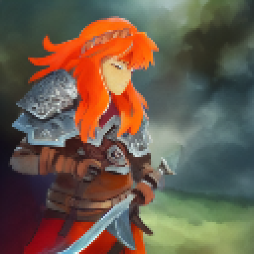 Orange-haired warrior portrait, wielding a glowing sword amidst a mystical forest, with dragons and magic runes in the background.