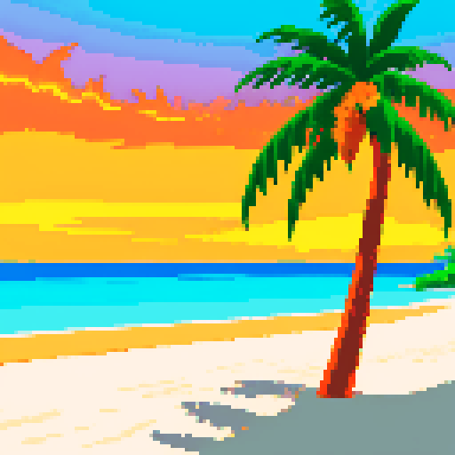 palm trees, white sand beach, orange sunset, ocean water, pixel art, sRGB