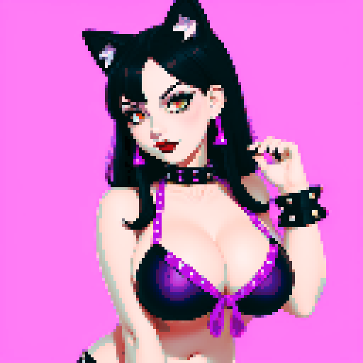 Cat girl, curvy, cute goth girl with black hair, purple eyeshadow, and red lipstick, wearing a bikini, studded collar, in a glamour shot, sRGB color