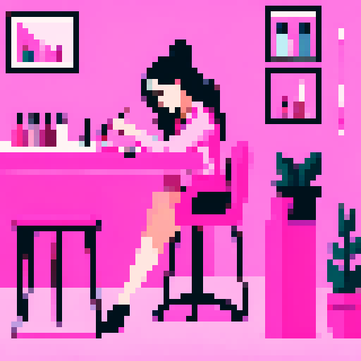 A nail tech doing a client's nails at a table in a pink nail salon.