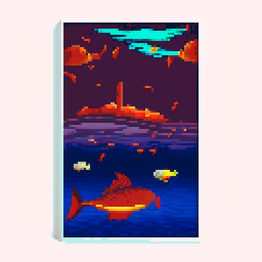vertical underwater scene, bright fish fleeing, trawl chasing, fish hooks, sea mines, nests, fishing boat launching hooks, bright, sunny, atmospheric, pixel art, sRGB