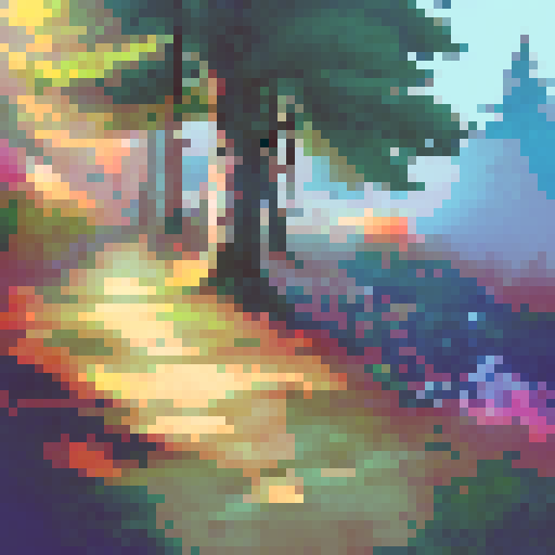 moss-covered trees, towering pines, ethereal mist, serene lake, vibrant autumn colors, sunrays filtering through the canopy, a lone deer grazing, a hidden path in dappled light, majestic mountains in the distance, a tranquil clearing surrounded by wildflowers