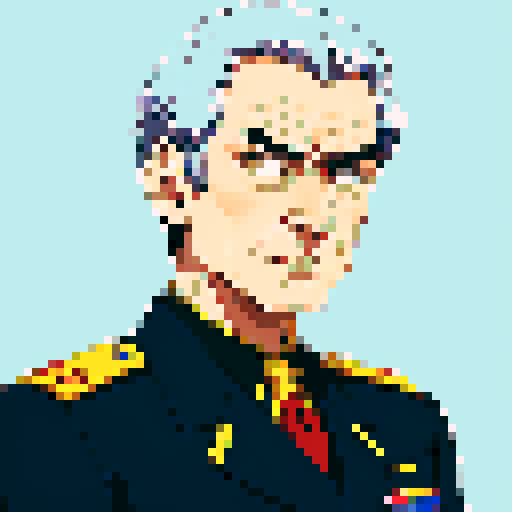 Minister of Defense, 55-years old, close-up, anime style, pixel art, serious expression, graying hair, piercing eyes, military uniform, confident stance, 