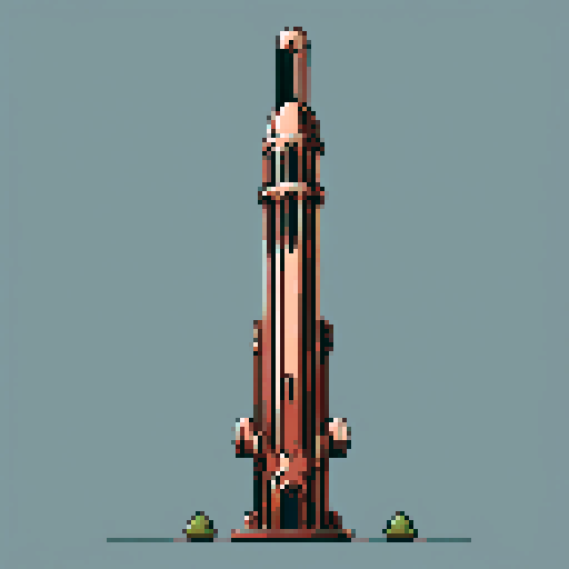 I want a tall vertical copper structure reminiscent of a organ pipe. It should have strange mechanical details that could interlock with each other. I also want this object usable an asset in a videogame, meaning only one object per image, outlined with a strong black stroke, on a solid-color background.