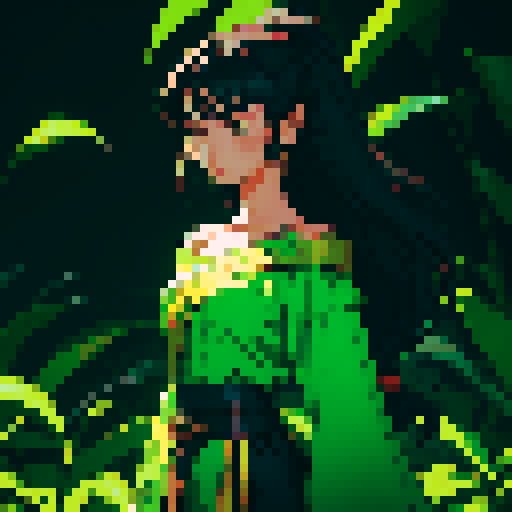 Young woman, black hair, long hair, green costume, Thai costume, open shoulder costume, night time, banana forest background, dark background