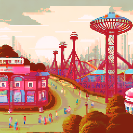 wide shot amusement park, towering roller coaster, vibrant colors, nostalgic pixel art style, detailed background, bustling crowd, joyful atmosphere, whimsical landscape
