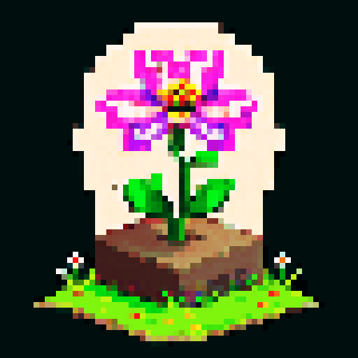 Tombstone, weathered and cracked, adorned with intricate pixel art flowers, against a vibrant sRGB against dark background