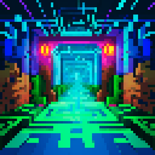 maze, intricate pathways, vibrant colors, isometric perspective, pixelated walls, hidden treasures, winding corridors, challenging puzzles, retro aesthetic, low-resolution sprites, 8-bit graphics, neon lights, glowing orbs, immersive atmosphere, maze runner, abstract patterns, symmetrical designs, mind-bending illusions, visual complexity, labyrinthine structure, nostalgic vibes, immersive gameplay