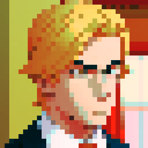 serious blonde man in suit and red tie, proud expression, symmetrical composition, iconic cartoonish style, close up, anime style, pixel art, 32x32, orange-toned skin