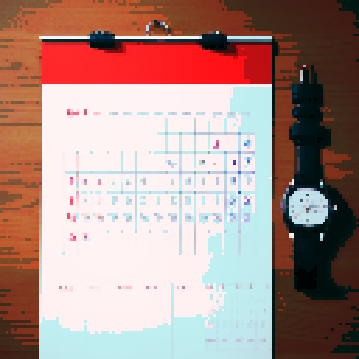 image that has a calendar hanging or on top of a table, with one or two days that are crossed out, and also that the weekends are in red. There is also money on the table, or somewhere. And a watch too. All in pixel art