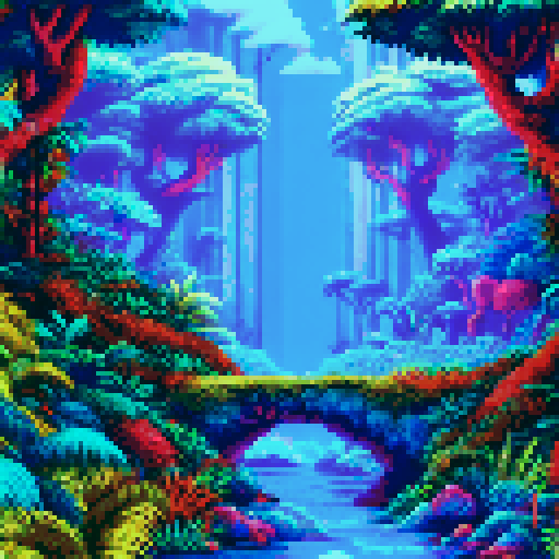 Deep inside jungle, towering ancient trees, lush ferns, vibrant flowers, misty atmosphere, mysterious shadows, sunlight filtering through dense foliage, exotic wildlife, colorful parrots, slithering snakes, hidden waterfalls, serene river, moss-covered rocks, pixelated leaves, sRGB color palette, pixel art style, detailed background, immersive landscape