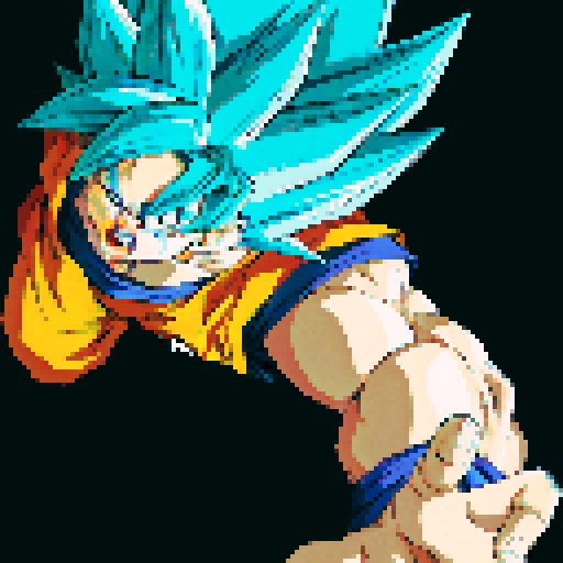 Goku powering up with vibrant, pixelated energy, surrounded by a dynamic, sRGB color palette