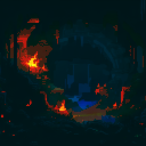 A dark cavern scene with dark stone Stalagmites and Stalactites, glowing red eyes peering from the darkness in the background, and golden treasure and loot scattered across the floor shining