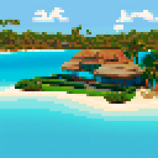 A beautiful pixelated beachside chalet, palm trees swaying in the wind, turquoise water and a sandy beach