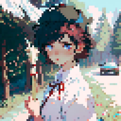 A girl, blue eyes, short hair, white shirt, beige hat, red neck ribbon, holding an incense stick, night time background, in the forest