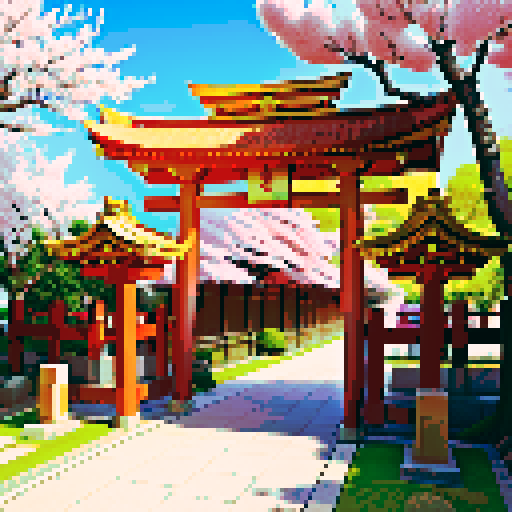 Golden shinto shrine, vibrant cherry blossom trees, traditional architecture with intricate details, shinto torii gate adorned with golden decorations, a pixel art golden cuboid positioned behind the gate, golden lanterns illuminating the scene in sRGB colors