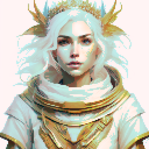 beautiful illustrious Elf Queen, golden-sun hair with white, comforting, welcoming look, ceremonial regal clothes of the elven royalty, pixel art, sRGB, fantasy RPG