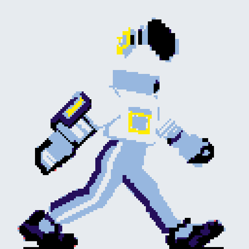 cyberpunk space trader sprite, pixel art, futuristic design, cybernetic arm with intricate detailing, glowing yellow-orange visor over the eyes, trench coat with glowing lines, white, blue and teal color palette with neon pink accent, yellow visor tint, distinct sci-fi aesthetic, confident posture, mid-step left first, left left bent and raised, arms extended, pixel art, sRGB
