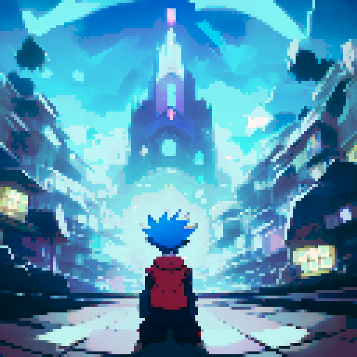 White-haired, blue-eyed boy sits alone in his dark and foreboding lair, surrounded by towering stacks of books and eerie glowing orbs.