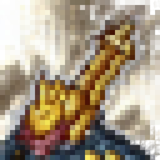 Golden warrior E, wielding a fiery sword and clad in shining armor, prepares for battle against a looming dragon in a skillfully crafted game icon-style 32x32 pixel art close-up portrait, with a vibrant and dynamic color palette.