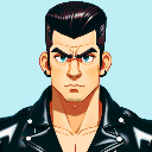 Muscular, tough greaser man with a pompadour hairstyle, wearing a motorcycle jacket, pixel art, sRGB colors, portrait, face avatar