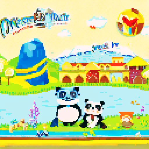 Lush green meadows, towering snow-capped mountains, serene blue lakes, vibrant wildflowers, cascading waterfalls, quaint wooden cabins, winding forest trails, golden sunset skies, wispy clouds, pixelated birds in a landscape portrait with a pixel art style