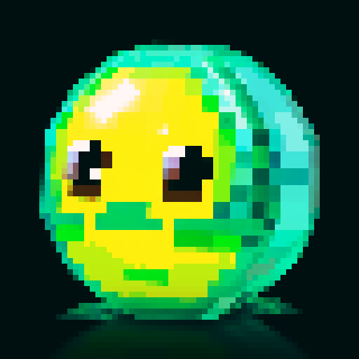 A sparkling, semi-transparent slime with a crystalline structure. It has shimmering facets, bright eyes, and a cheerful smile, with light reflecting inside. No background.

