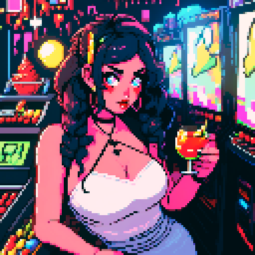 Curvy cute goth girl bartender, vibrant neon hair, dark smoky eyes, black lace choker, fishnet stockings, pouring colorful cocktails, retro arcade game machines, glowing pixel art characters, vibrant sRGB colors