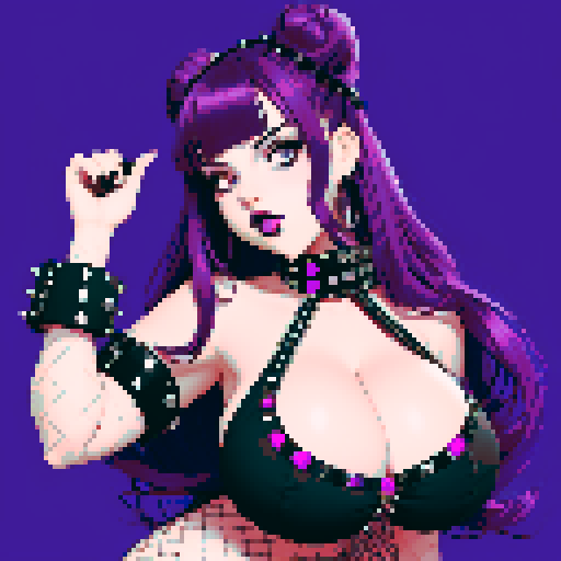 Thicc, curvy, busty goth babe showing off her bust, wearing studded collar, long purple hair in buns, fishnet stockings, studded halter top, sRGB
