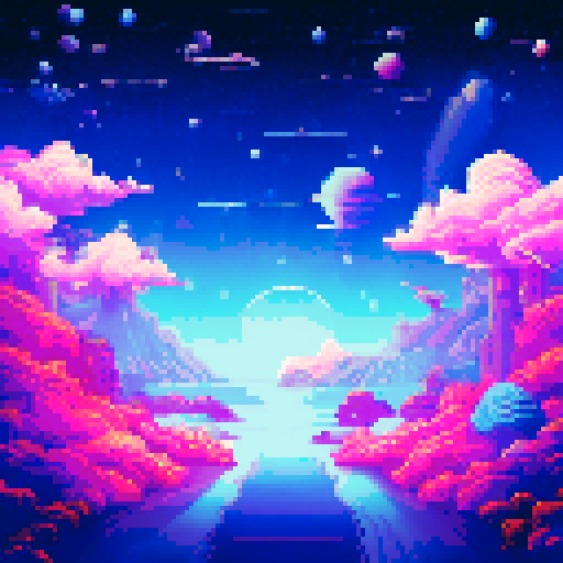 Starry space background, pixel art, sRGB, landscape, computer terminal, "Stardust Reflections" typed, main character's reflection on screen, vibrant colors, glowing stars, retro-inspired, detailed night sky, twinkling constellations, illuminated planets, cosmic hues, immersive depth, celestial atmosphere