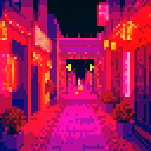 Koto with intricate details, glowing neon accents, and vibrant colors, placed within a pixelated world reminiscent of a video game