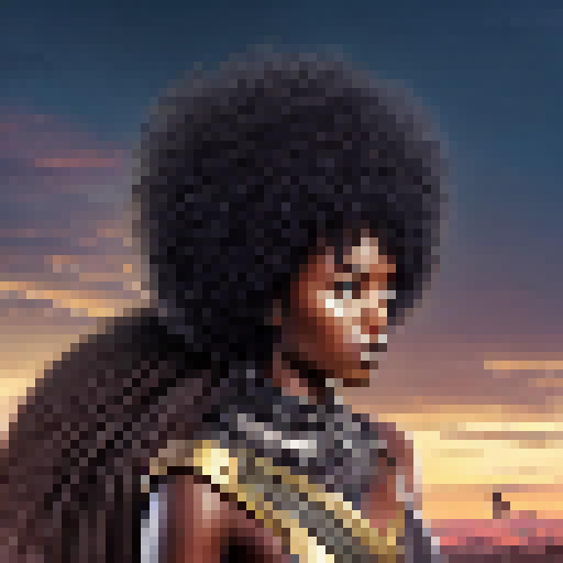 Generate an african Female king warrior with a black panther by her side