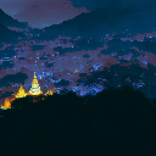 Night view, Thai yellow temple, On mountain, night city with small yellow lights below the mountain