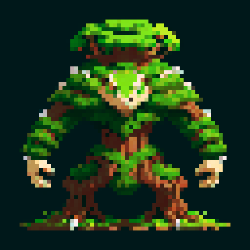 A robust, tree-like creature with bark armor, deep roots, and a protective stance. It has wise, ancient eyes and a commanding presence, ready to defend the forest. No background.
