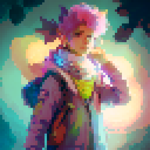 Young Pokemon trainer with vibrant colored hair, wielding a magical staff, standing on a moss-covered bridge in a mystical forest, surrounded by whimsical creatures and glowing orbs, in blue and red neon lights.