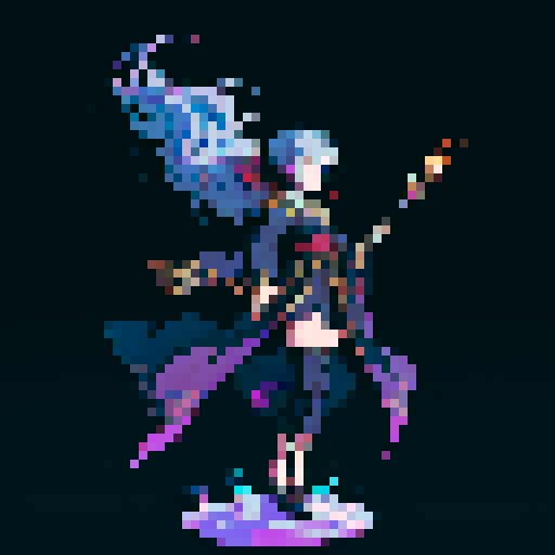 legendary anime girl wizard, floating above the ground, long flowing hair, dark and emo colors, glowing magical staff, intricate and ornate robes, intense and focused expression looking to the right, not wearing shoes, sparkling and shimmering background, sRGB