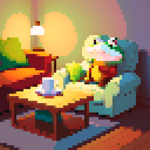 Cozy living room, crackling fireplace, warm glow, comfortable sofa, plush cushions, cute little frog, tiny feet dangling, content expression, small coffee table, steaming cup of coffee, aroma wafting, frog reaching out delicately, pixel art, sRGB