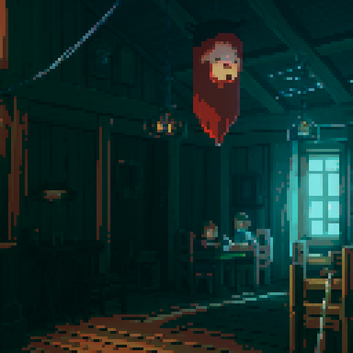 Cozy inn with dim lights and band of heroes sitting next to the table, pixel art 