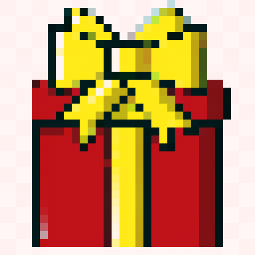 Pixel Present, rounded edges, bold black outline, vibrant colors