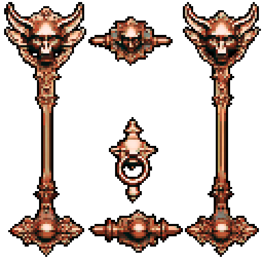 simple, geometrical pieces copper from old door knocker and gargoyles. Steampunk. It should be seen as if on a wall, with no perspective, on a solid-color background. There should one be two or three pieces in each frame, it shouldn't be complete.