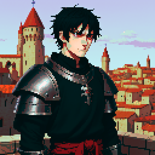 Young man knight, short black hair, rugged medieval knight clothes, sad face, red eyes, a frown. Handsome. Sharp jawline. Medieval city background. Anime style. Fantasy rpg.