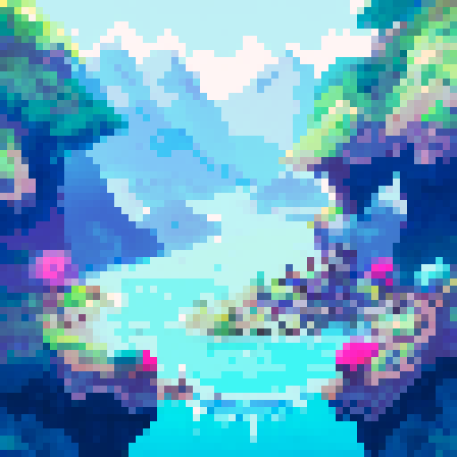 Towering skyscrapers, snow-capped mountains, a shimmering lake, and a palm tree oasis all come together in a pixel art landscape of Dubai in winter, set against a vibrant sRGB background