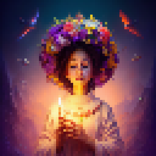 Vibrant, celebratory, and religious

Flowers and candles adorn the colorful altar as a Latina mother, surrounded by her loving family, bows her head in prayer to honor the divine on Mother's Day 2023.