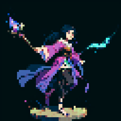 legendary anime girl wizard, floating above the ground, long flowing hair, dark and emo colors, glowing magical staff, intricate and ornate robes, intense and focused expression looking to the right, not wearing shoes, sparkling and shimmering background, sRGB